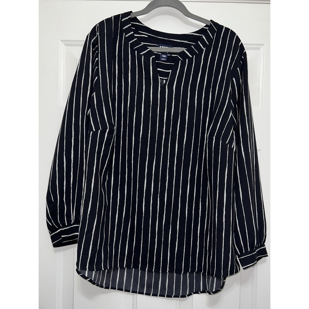 Lands End Women Shirred Long Sleeve Stripe Split Neck Blouse Navy Size 18W